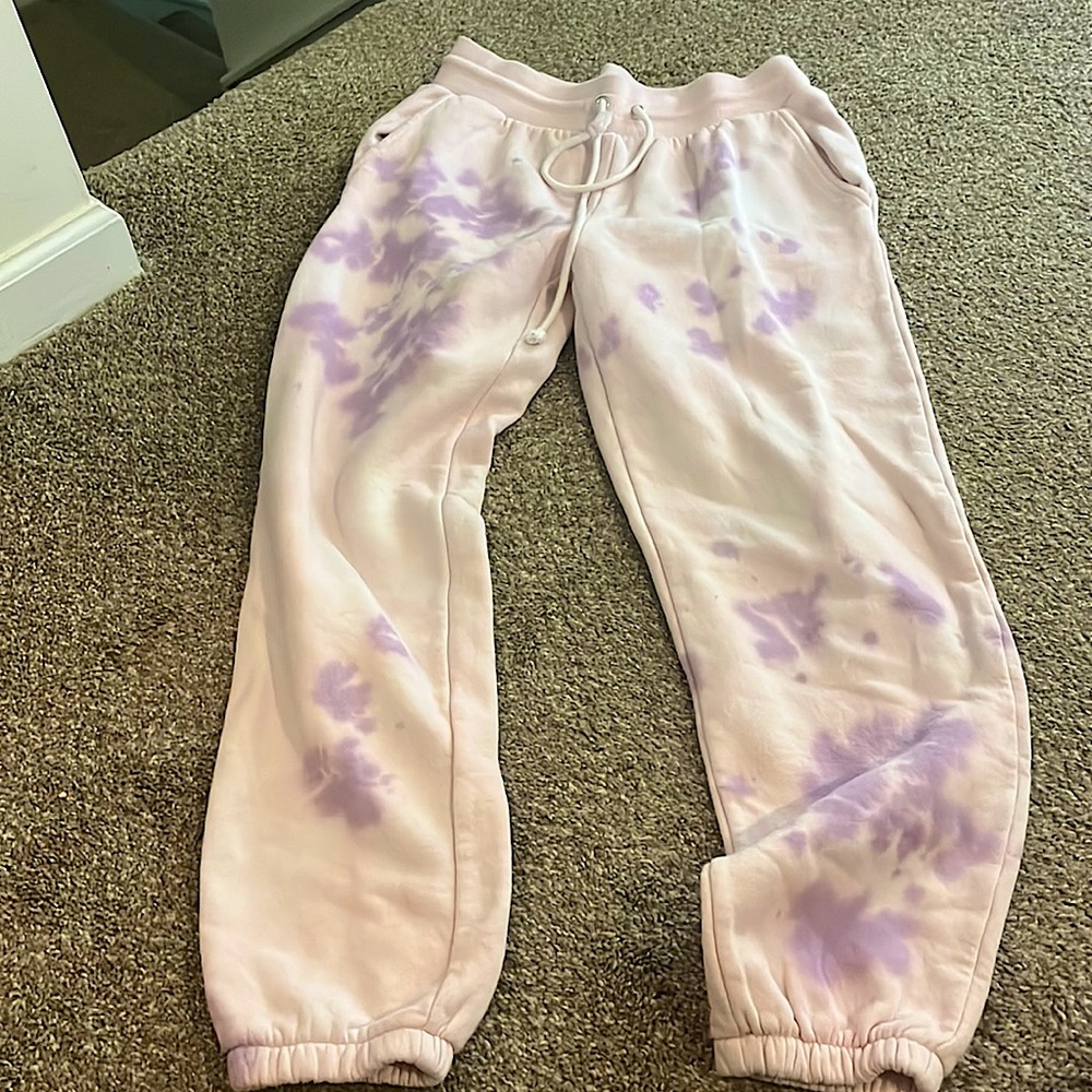 Pink sweatpants with purple splatter